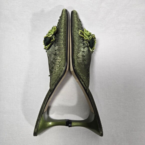 Vintage Y2K Hipster Fairy Hunter Green Floral Beaded Pointed Toe Mules Size 11M. - Picture 7 of 17